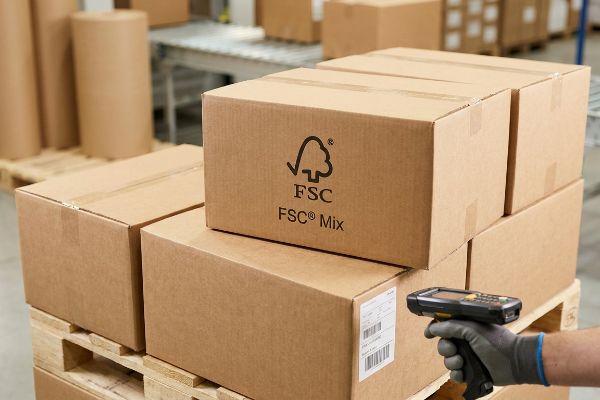 Scanning FSC Mix certified cardboard boxes on a pallet in a warehouse, highlighting sustainable packaging.
