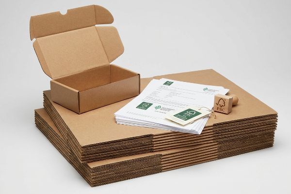 Brown corrugated cardboard sheets and an open box, with FSC-certified papers, tag, and wooden stamp, highlighting sustainable packaging.