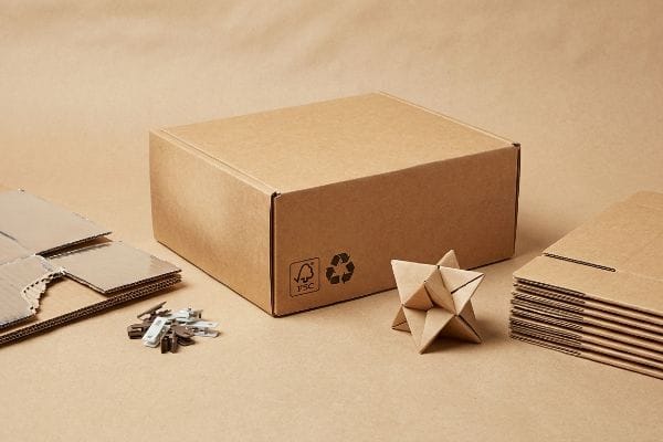 Brown corrugated cardboard box with FSC and recycling symbols, alongside flat sheets, plastic clips, and an origami paper joint.