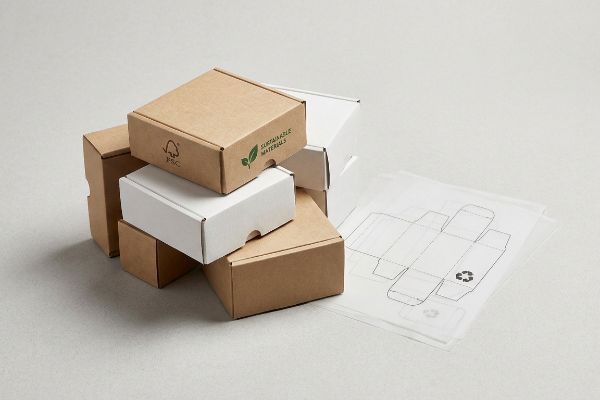 堆叠的棕色和白色 FSC 认证包装盒，印有“可持续材料”字样，以及带有回收标志的透明盒子模板。.