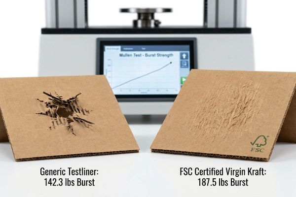 瓦楞纸样品:通用测试衬纸(142.3 磅爆裂,破裂)和 FSC 认证原生牛皮纸(187.5 磅爆裂,揉皱),来自 Mullen 测试。.