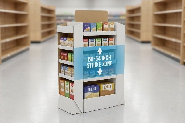 White cardboard FSDU in a retail aisle, highlighting the 50-54 Inch Strike Zone for optimal product placement of generic items.