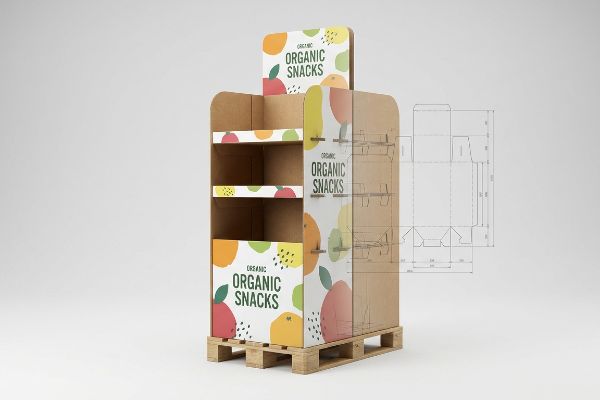 Verkaufsständer aus Wellpappe für Bio-Snacks mit Fruchtgrafiken, drei Regalböden und einer schwach erkennbaren Stanzformzeichnung auf einer Holzpalette.