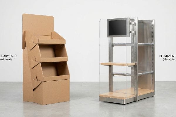 Corrugated cardboard Temporary FSDU and a metal-acrylic Permanent display unit, illustrating temporary vs. permanent retail solutions.