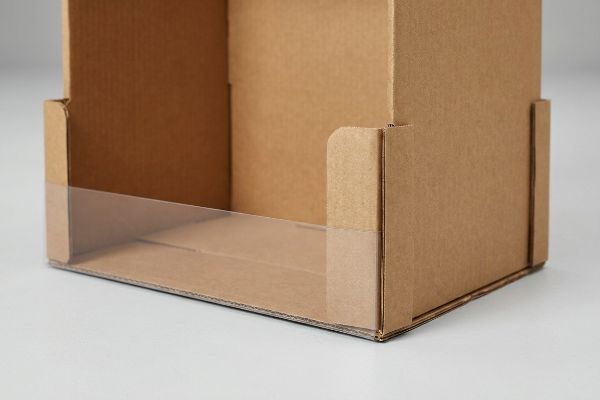 Clear poly-coat barrier protecting the double-wall corrugated cardboard base of an FSDU for enhanced durability.
