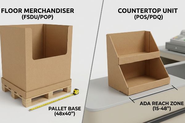 Brown corrugated cardboard Floor Merchandiser (FSDU/POP) on a 48x40 Pallet Base, next to a Countertop Unit (POS/PDQ) with ADA Reach Zone (15-48 inches).