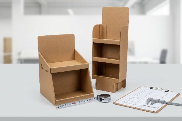 Expositores de cartón kraft corrugado para puntos de venta y unidades de distribución, con cinta métrica, calibrador y plano para el diseño estructural.