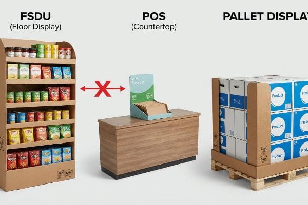 FSDU Floor, POS Countertop, Pallet Displays. Red 'no' symbol between FSDU, POS. Distinct retail engineering. ADA, GMA logos.