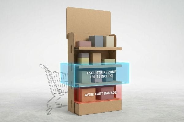 Cardboard FSDU highlighting the 50-54 inch FSDU Strike Zone and lower shelf for Avoid Cart Damage, beside a shopping cart.
