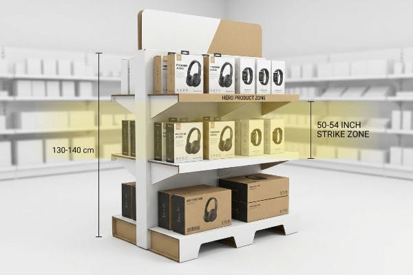 Cardboard FSDU showcases premium headphones and smartwatches in the 50-54 Inch Strike Zone, with a total height of 130-140 cm, optimizing retail visibility.