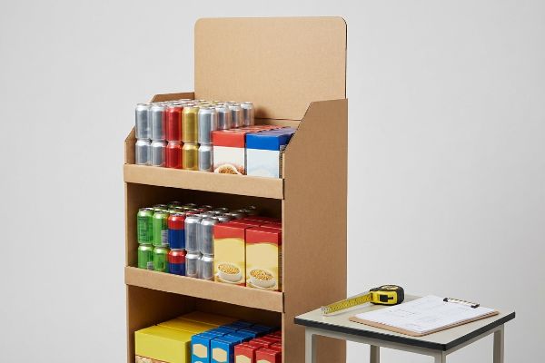 Прототип коричневого гофрированного контейнера для пищевых продуктов, заполненный банками и коробками с продукцией, измеряют рулеткой и планшетом для записей.