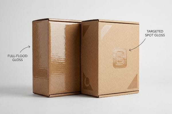 Kraft cardboard boxes showcasing Full-Flood Gloss versus Targeted Spot Gloss UV coating for packaging.