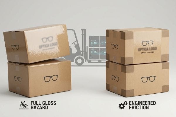Glossy Optica Logo optical eyewear boxes on the left demonstrate 'Full Gloss Hazard' instability, while stable 'Engineered Friction' matte boxes on the right prevent pallet slip, with forklift and friction data.