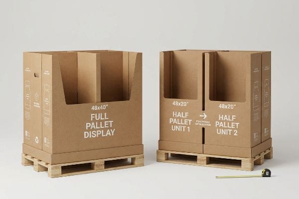 Natural brown corrugated full pallet display (48x40) beside two 48x20 half pallet units on wooden pallets, showing functional optimization.