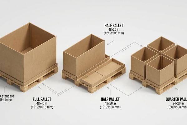Three wooden pallets display Full Pallet 48x40 in, Half Pallet 48x20 in, and Quarter Pallet 24x20 in with empty cardboard boxes.