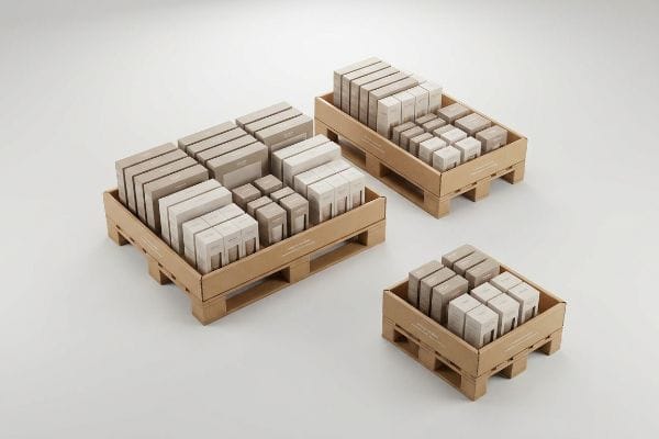 Three corrugated cardboard pallets: full, half, and quarter, filled with modular light beige retail packaging boxes.