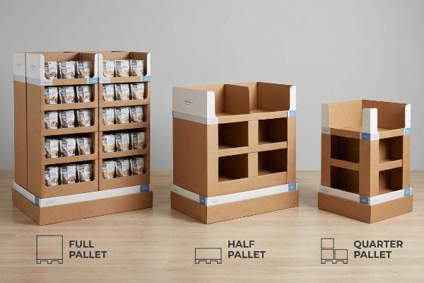 Cardboard retail POP displays: a Full Pallet unit stocked with packaged goods, an empty Half Pallet, and an empty Quarter Pallet.