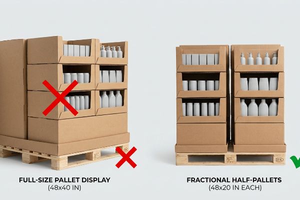Brown cardboard full-size pallet display, 48x40 inches, marked with a red X, positioned next to two approved 48x20 inch fractional half-pallets.
