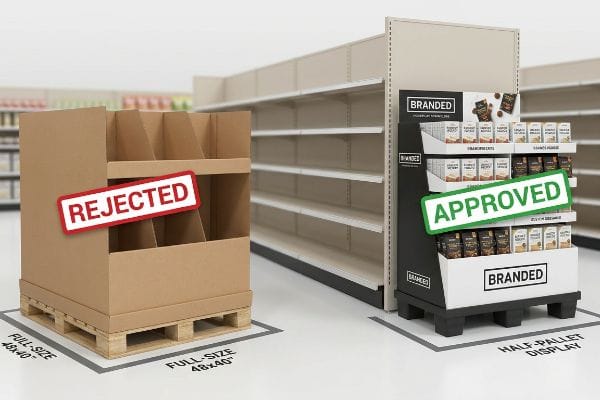 Rejected 48x40 full-size cardboard pallet display next to an approved Branded 48x20 half-pallet display, optimizing retail footprint.