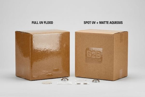 Reflective Full UV Flood cardboard box contrasted with a Matte Aqueous box featuring a subtle Spot UV B2B logo.