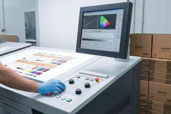 Una mano enguantada de azul ajusta la consola de una imprenta, mostrando la calibración de color en escala de grises G7 en el monitor, con
