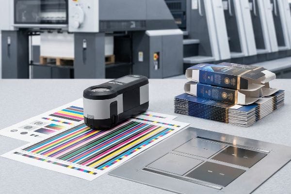 A black and white spectrophotometer precisely measures a G7 color calibration sheet, ensuring color consistency for blue and gold offset printed packaging.