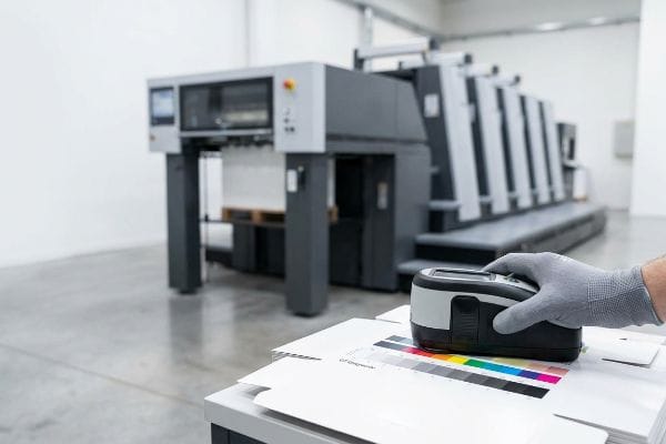 A gloved hand uses a spectrophotometer to measure G7 Grayscale color calibration on a color chart, with an offset printing press in the background.