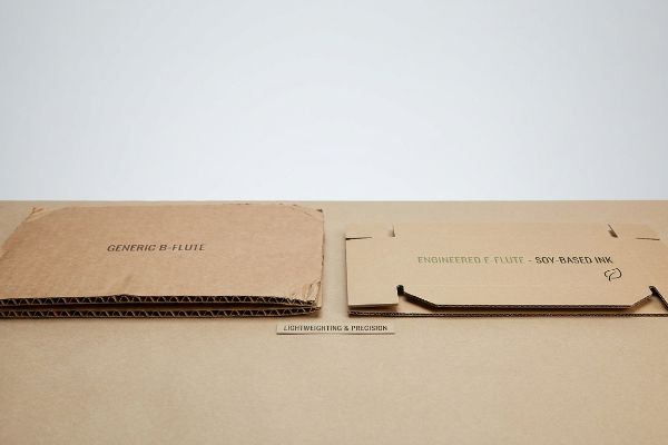 Comparing Generic B-Flute with Engineered F Flute Soy-Based Ink, showcasing lightweighting and precision in corrugated packaging.