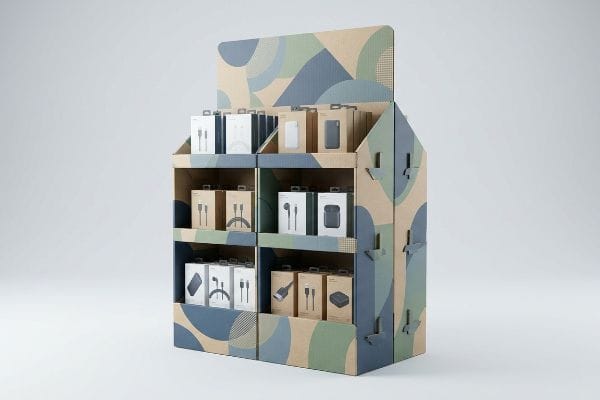An in-store marketing display, crafted from patterned cardboard, showcases various electronic accessories in generic white and dark gray boxes.