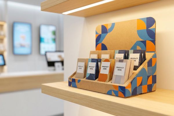 A retail environment features a cardboard point-of-purchase display holding various product pouches labeled 'Product Here' on a wooden shelf.