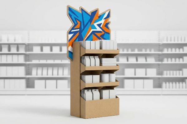 Brown cardboard POP display with a vibrant blue and orange geometric die-cut header, showcasing white product boxes in a retail aisle.