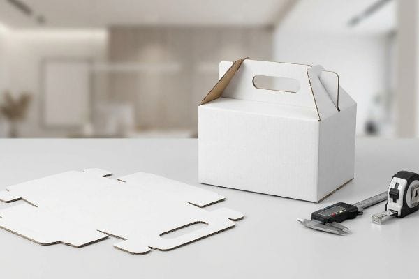 Measuring a white gift packaging box and unassembled cardboard structural prototype with a digital caliper and tape measure.