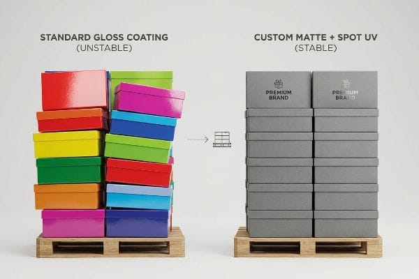 Unstable standard gloss coating boxes contrast stable custom matte + spot UV premium brand packaging on pallets.