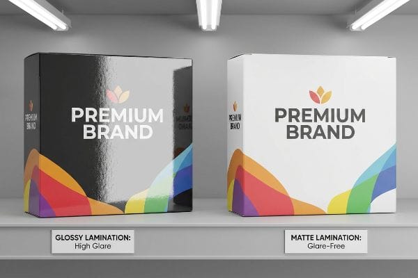 Uma caixa de marca premium com laminação brilhante e alto brilho ao lado de uma caixa de marca premium com laminação fosca e acabamento antirreflexo.