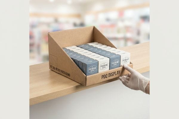 A gloved hand adjusts a cardboard PDQ display box, labeled 'Retail-Ready Packaging' and 'PDQ Display', filled with Premium product boxes on a store shelf.