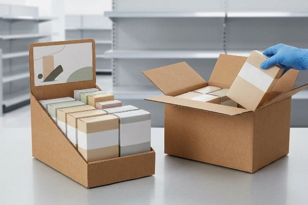 A gloved hand places a product box into a shipping carton beside a PDQ display filled with retail merchandise.