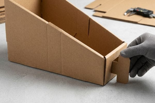 Brown corrugated cardboard display box being assembled, with a gloved hand inserting a tab into a precisely engineered slot.