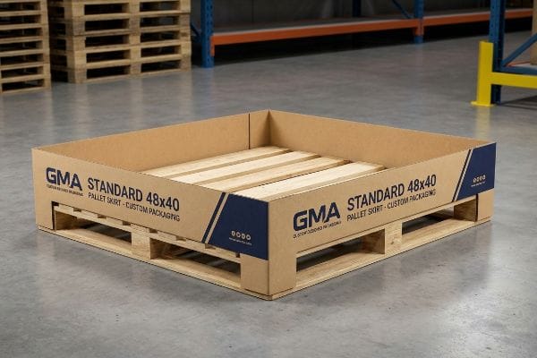 Brown corrugated cardboard pallet skirt, labeled