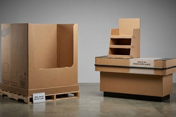 Brown corrugated cardboard displays, a large floor unit on a pallet with
