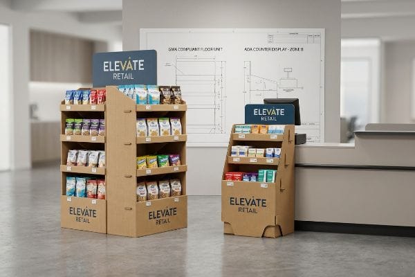 Expositores de cartón para suelos y mostradores de Elevate Retail, con planos que cumplen con las normas GMA y ADA.