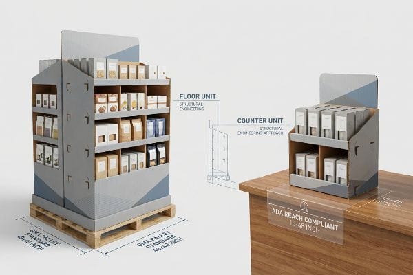 Corrugated Floor Unit on GMA pallet and Counter Unit with ADA reach compliance, showing structural engineering for POP displays.