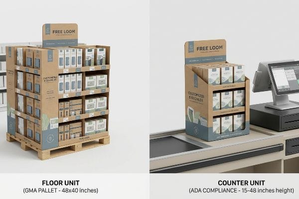 Kraft cardboard Free Loom floor unit on GMA Pallet (48x40 inches) and ADA compliant counter unit (15-48 inches height).