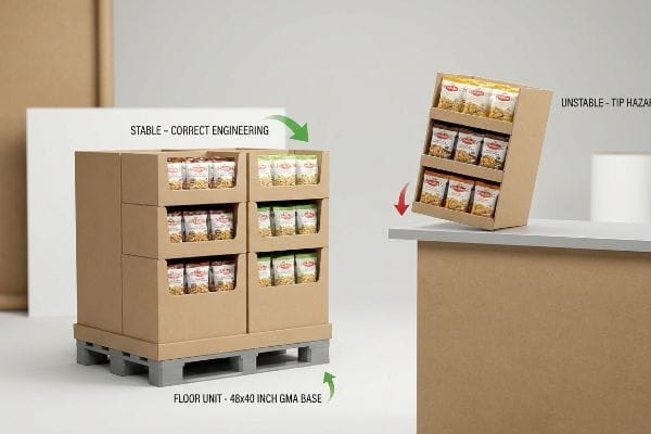 Two cardboard point of sale displays, one stable floor unit on a 48x40 Inch GMA Base, the other an unstable, tipping counter display with a Tip Hazard.