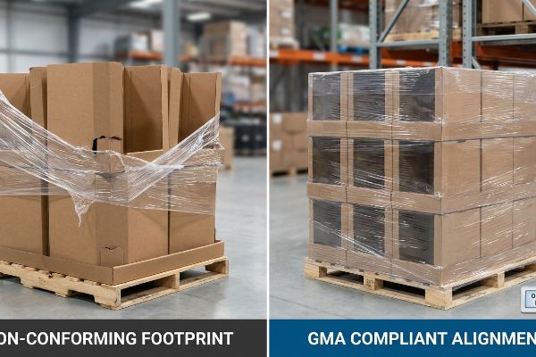 منصة نقالة غير مطابقة للمواصفات مع غلاف بلاستيكي ممزق، على النقيض من منصة نقالة مطابقة لمعايير GMA تحتوي على صناديق مكدسة بدقة.