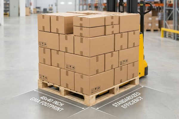 A wooden pallet loaded with stacked cardboard boxes, illustrating the 48x40 Inch GMA Footprint and Standardized Efficiency for retail logistics.
