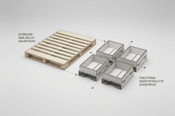 Light-colored wooden Standard GMA Pallet (48x40 inch) next to four white Fractional Quarter Pallets (24x20 inch), illustrating size comparison.