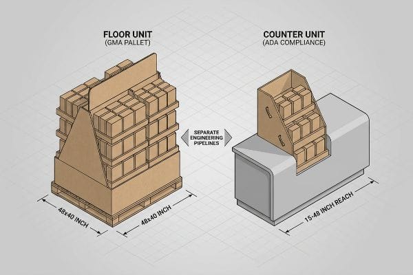 Cardboard Floor Unit (GMA Pallet) 48x40 inch and Counter Unit (ADA Compliance) 15-48 inch reach, illustrating separate engineering pipelines.