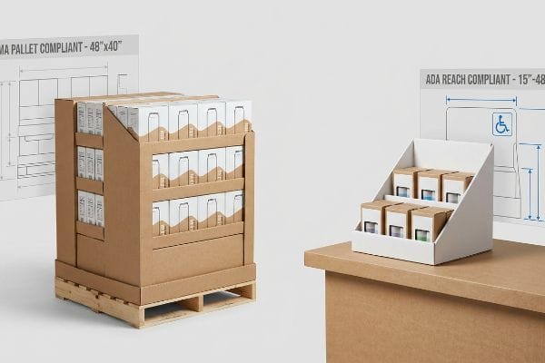 Présentoir de sol en carton ondulé brun conforme aux normes GMA, 48x40, et présentoir de comptoir blanc conforme aux normes ADA Reach, 15-48, avec boîtes de produits.
