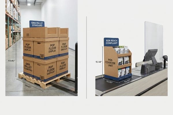 Brown cardboard POP Floor Displays on a 48x40 inch GMA Pallet Standard, next to a POS Counter Unit on a checkout lane, ADA Reach Compliant 15-48 inches.