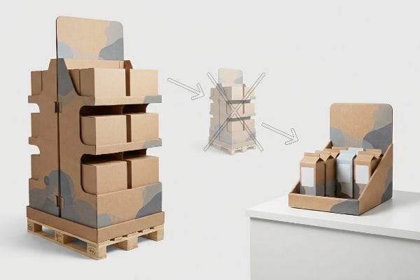 Kraft paper floor POP unit on a GMA pallet, contrasted by a compliant POS counter display with product packaging, illustrating proper adaptation.